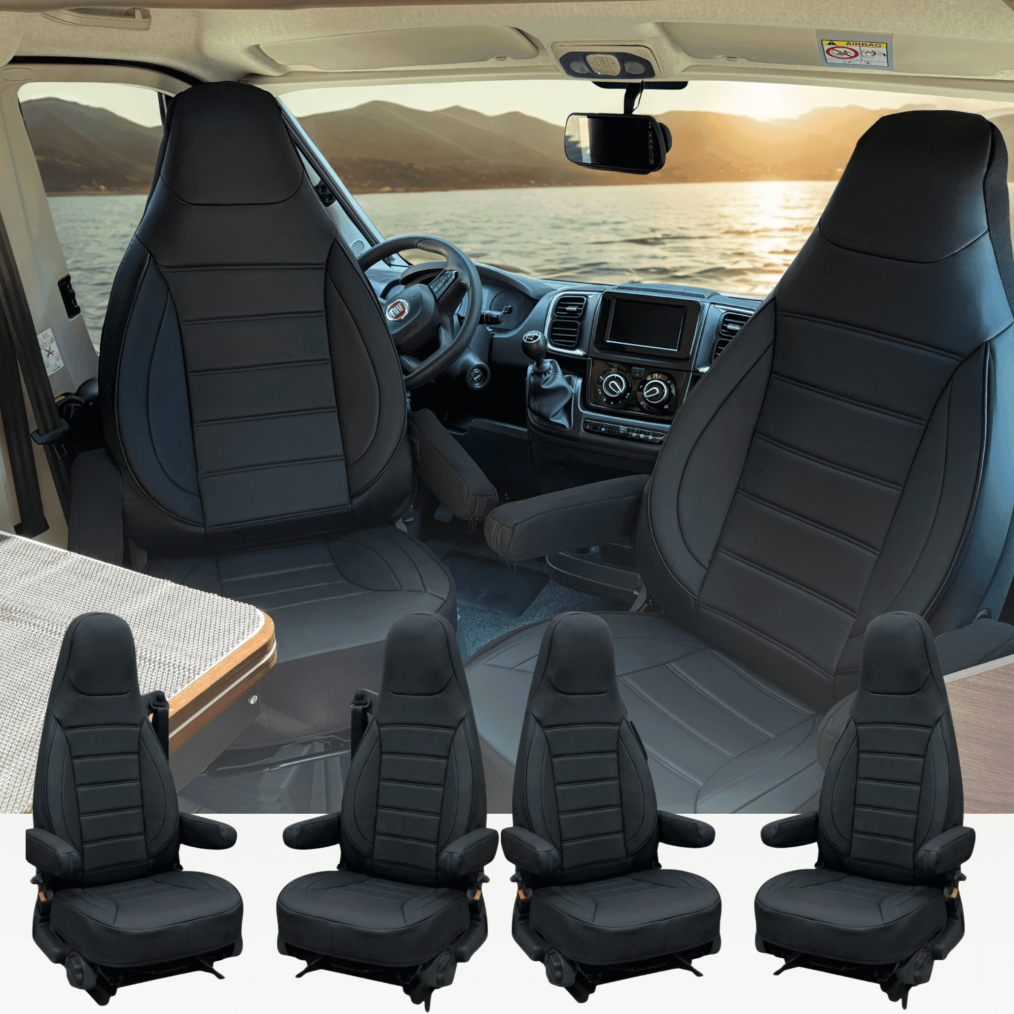Wohnmobil-Sitzbezüge für Fiat Ducato Classic | Bezüge mit Armlehnen | 2er-Set | CBS – Schwarzes Kunstleder