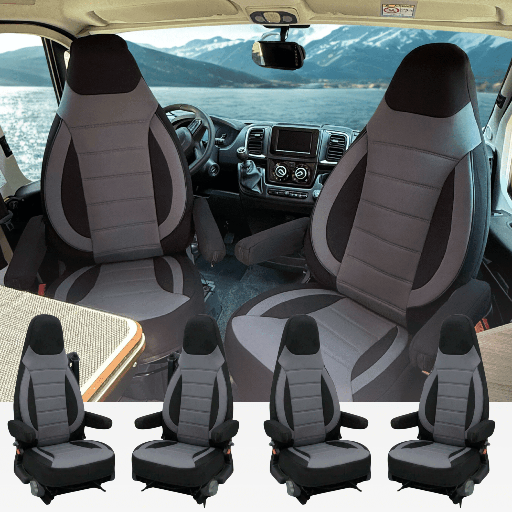 Wohnmobil-Sitzbezüge für Fiat Ducato Classic | Mit Armlehnenbezügen | 2er-Set | CBS – Schwarz – Grau