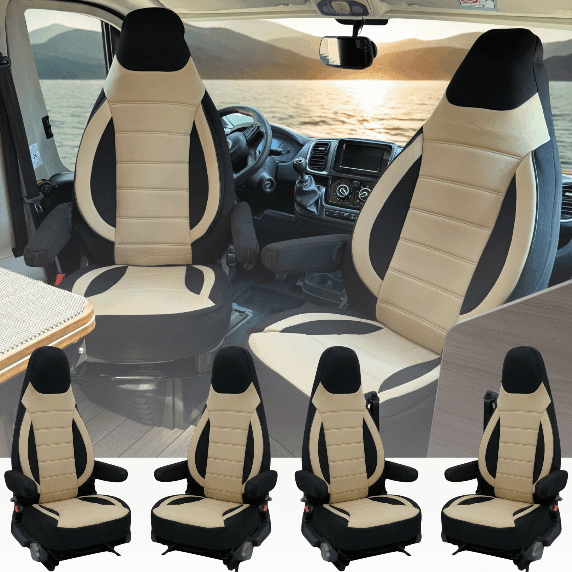Wohnmobil-Sitzbezüge für Fiat Ducato X290 | Mit Armlehnenbezügen | 2er-Set | CBS – Schwarz – Beige