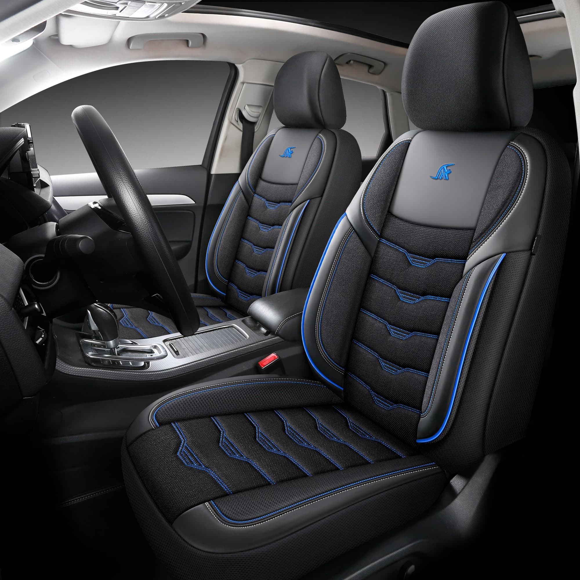 Autositzbezüge für Suzuki Ignis 3 | Komplettset für die Vordersitze | AID-Serie – Schwarz mit blauen Ziernähten