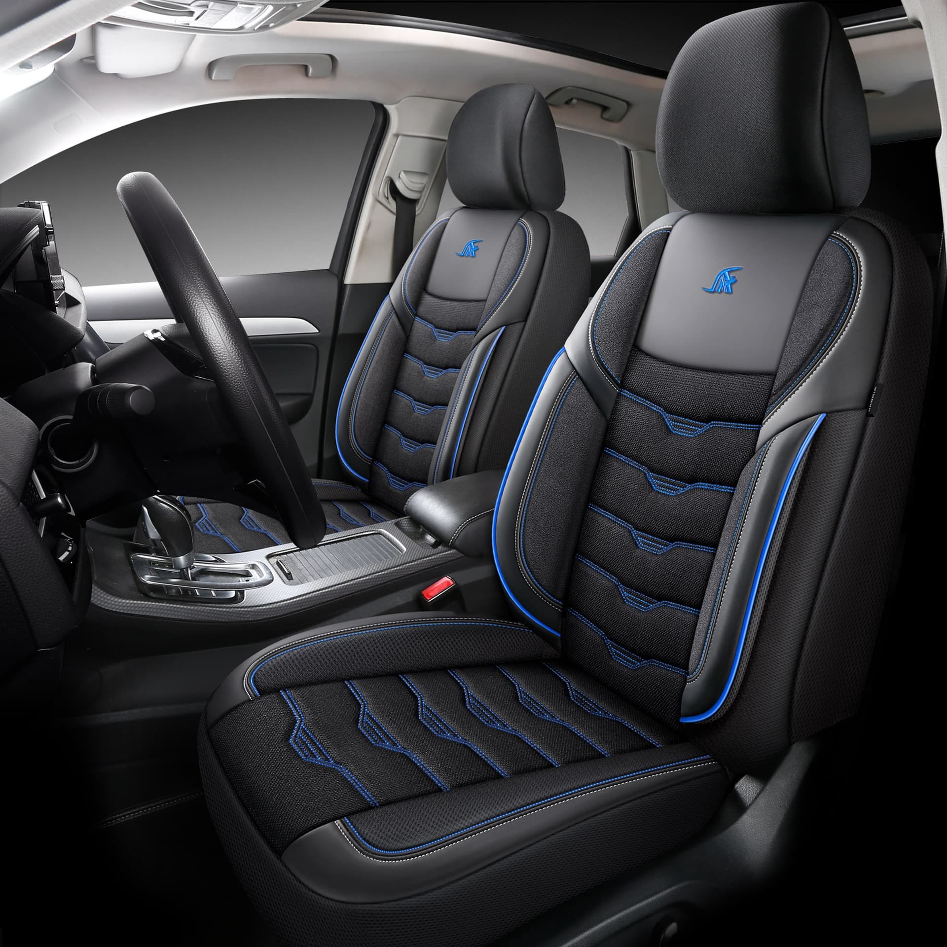 Autositzbezüge für Ford Edge 1 | Komplettset für die Vordersitze | AID-Serie – Schwarz mit blauen Ziernähten