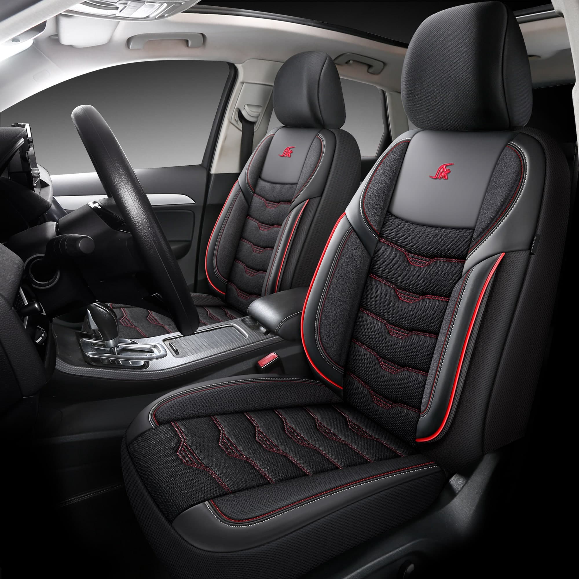 Autositzbezüge für Mercedes EQC N293 | Komplettset für die Vordersitze | AID-Serie – Schwarz mit roten Ziernähten