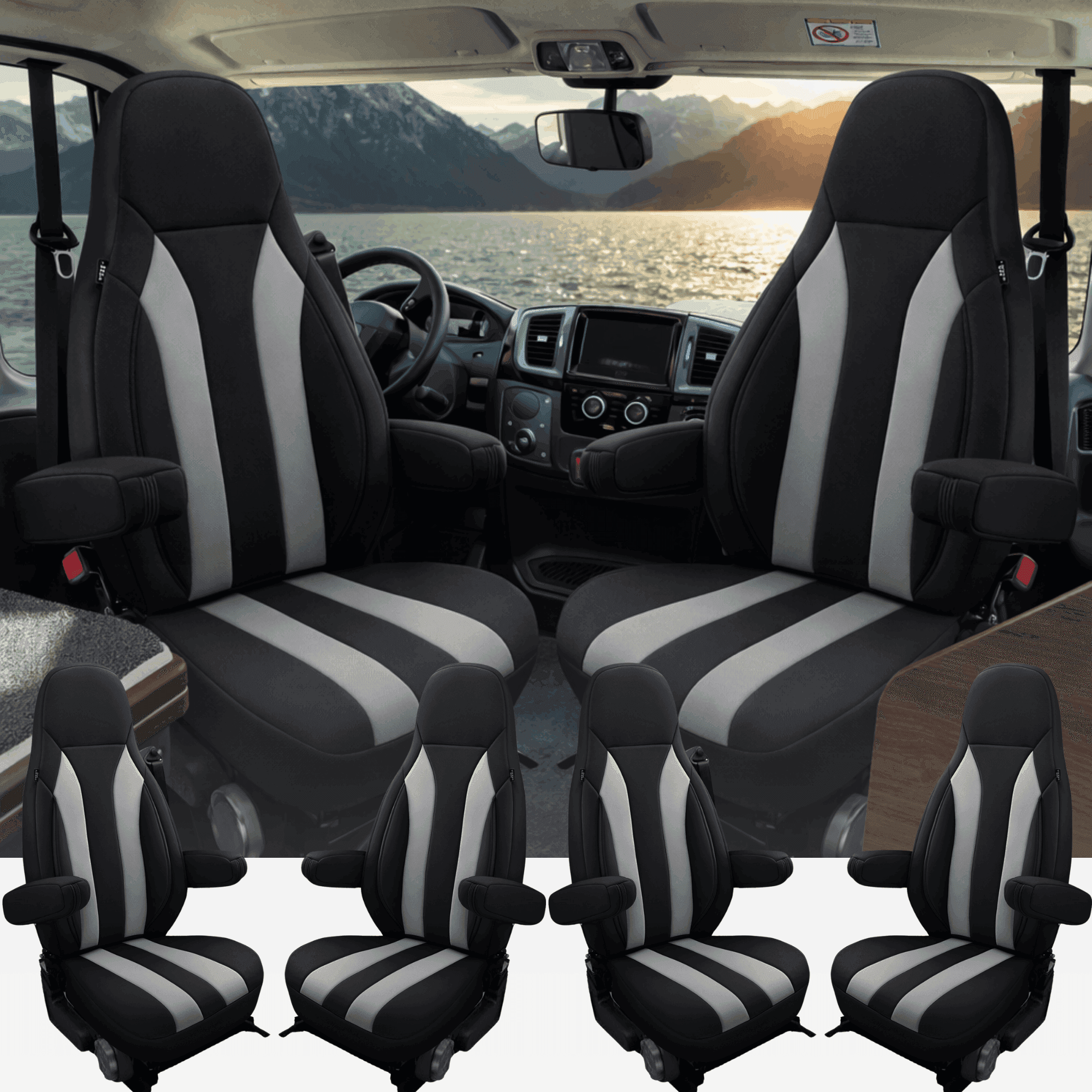 Camper stoelhoezen voor LMC Cruiser | Met armleuning hoezen | Set van 2 | CIM2 Serie - Zwart - Lichtgrijs