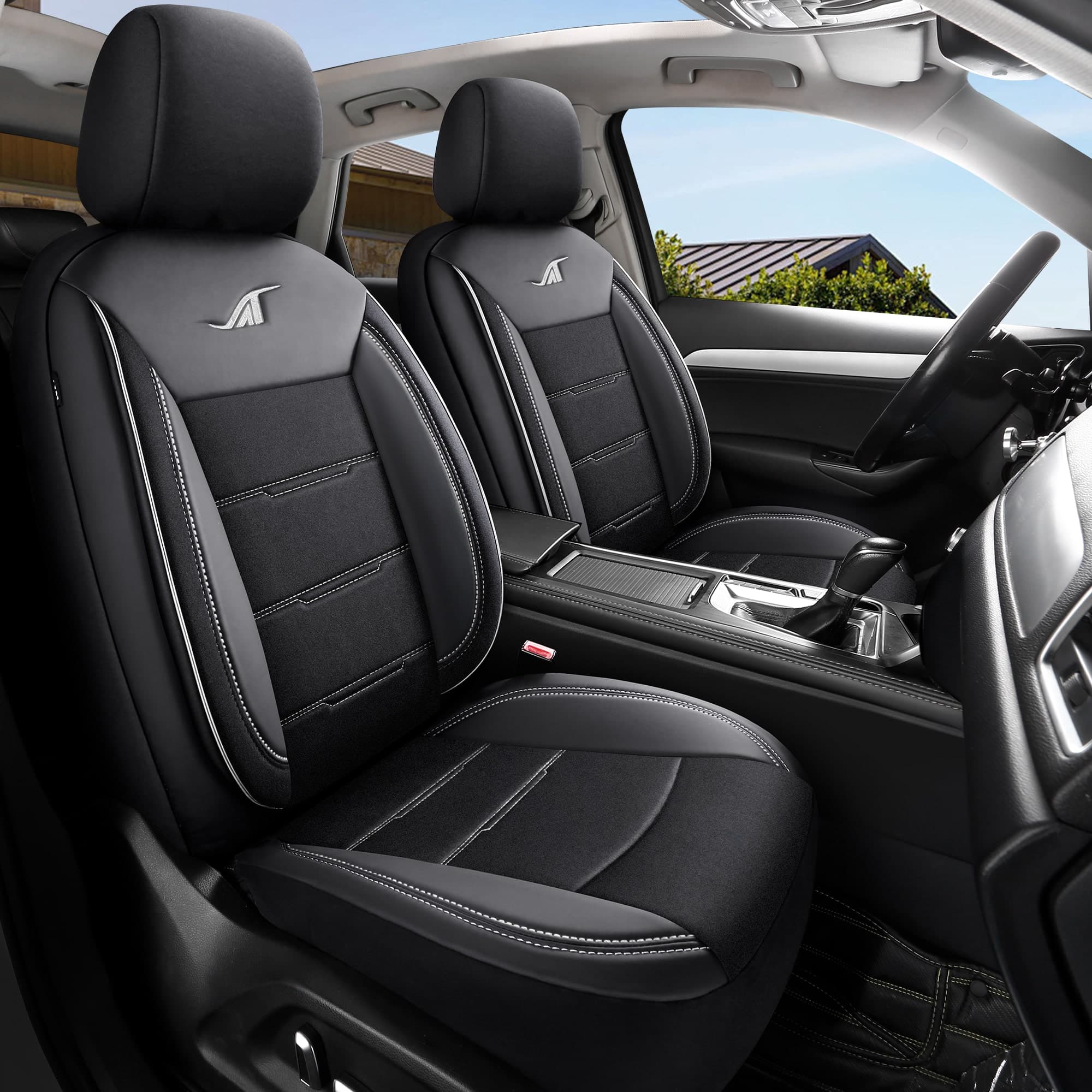 Autositzbezüge für Mercedes C-Klasse W203 S203 | Komplettset für die Vordersitze | AIE-Serie – Schwarz mit weißen Ziernähten