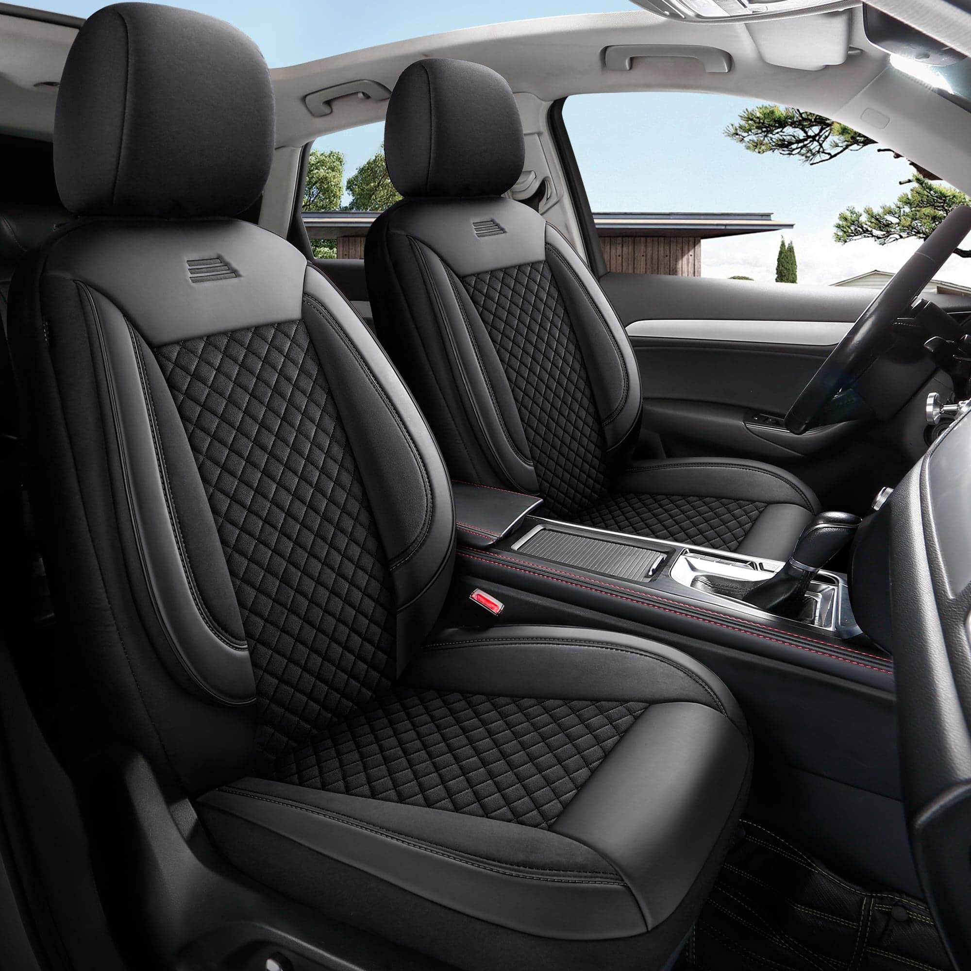 Autositzbezüge für Opel Corsa D in pasvorm | Komplettset für die Vordersitze | AIS-Serie – Schwarz mit schwarzen Ziernähten
